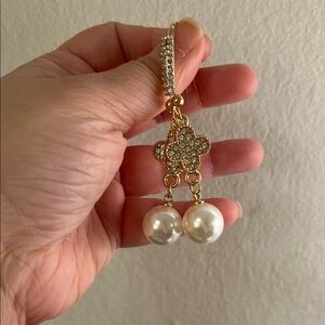 Gold Pearl Drop Earrings with Crystal Clover Accent